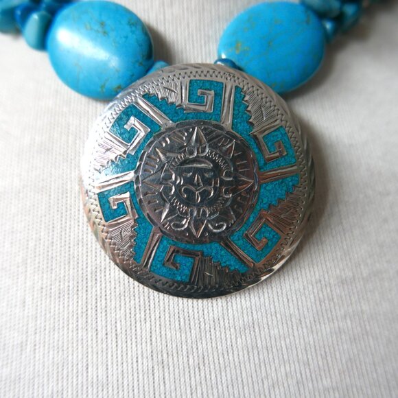 Inlaid Aztec Calendar Pendant and Turquoise Necklace - Picture 10 of 10
